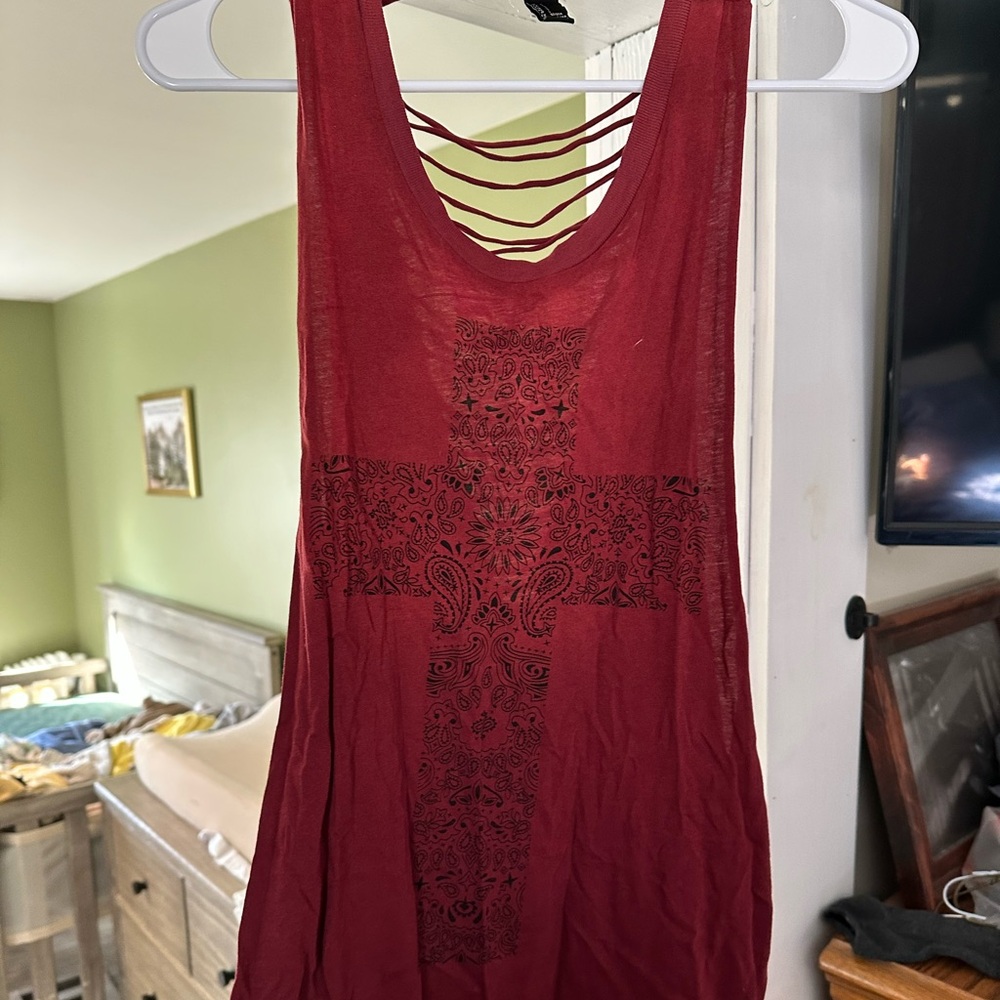 Forever 21 Burgundy Distressed Cage-Back Graphic Tank Top